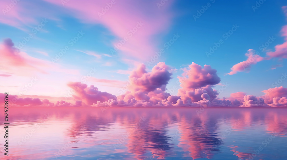 Naklejka premium Dreamy pink clouds cloudscape above water lake - Generative AI