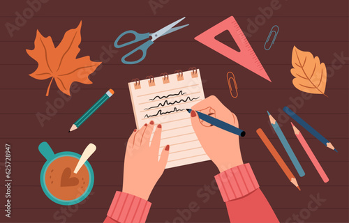Autumn illustration a woman holds a pen and writes in a notebook.  Cozy autumn illustration.