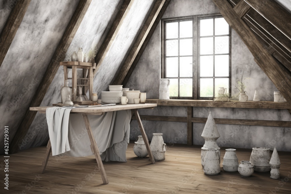Brick walls, a large wooden table, and a framed vertical poster can be seen in the front of an attic kitchen in this mock-up. Brick walls, a large wooden table, and a framed vertical poster can be seen in the front of an attic kitchen in this mock-up.