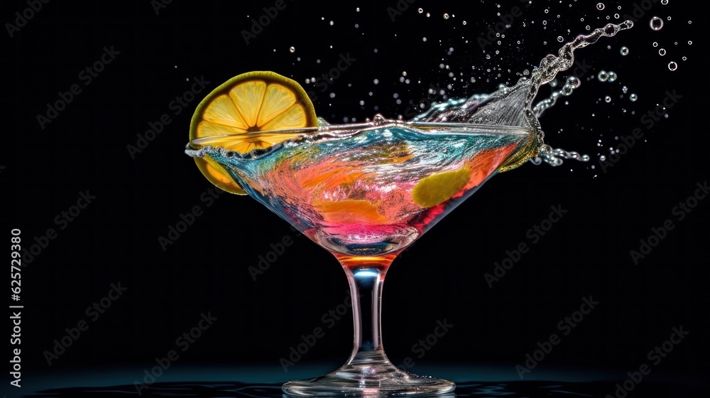 Alcoholic Cocktail isolated on a black background. Colorful Alcoholic Cocktail image with a copy space. Splash. Colorful Alcoholic Cocktail with Fruits and Berries. Drinks. Made With Generative AI.