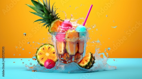Alcoholic Cocktail isolated on a yellow background. Colorful Alcoholic Cocktail with a copy space. Splash. Colorful Alcoholic Cocktail with Fruits and Berries. Drinks. Made With Generative AI.