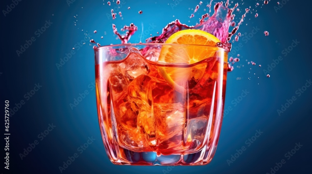 Alcoholic Cocktail isolated on a Blue background. Colorful Alcoholic Cocktail with a copy space. Splash. Colorful Alcoholic Cocktail with Fruits and Berries. Drinks. Made With Generative AI.