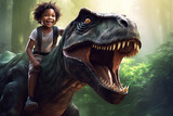 A young boy riding on a T-rex dinosaur.