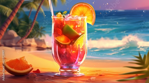 Glass of refreshing summer cocktail on the beach with blurred sea shore background. Tropical lemon and lime cocktail with ice cubes and whiskey on sunny background. Made With Generative AI.