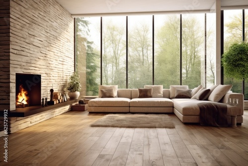 Interior of a living room made of white brick  with a wooden floor  big windows  a fireplace  and a sofa next to a coffee table. simulated toned image