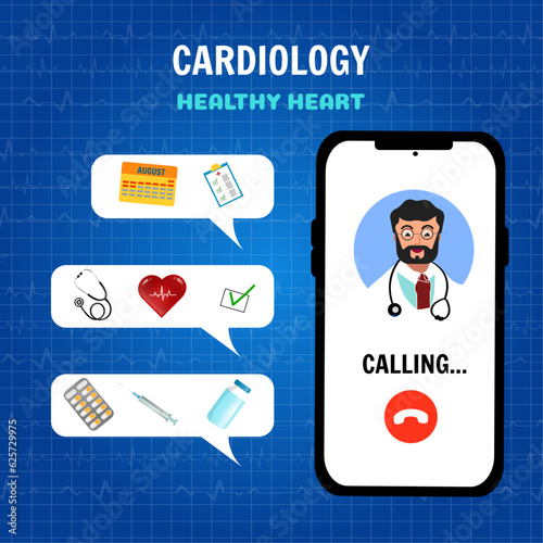 Online cardiology appointment with doctor on the phone with all recommendations to do in vector illustration 