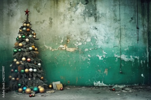 Green New Year's tree with balls and toys. Background with a grungy plaster wall for Christmas photo