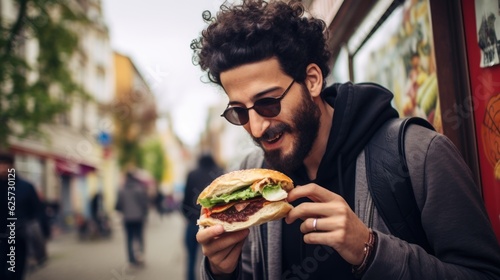a candid photo of a hungry handsome model young man eating a turkish döner kebab outside at the fast food restaurant stand. blurred crowd in the city in the background. Generative AI