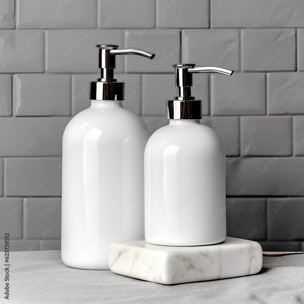 Obraz premium Two plastic dispenser bottle mockup, cosmetic and care product pump bottle front view