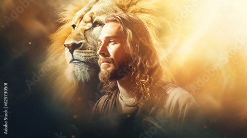 Jesus cristo com o leão da tribo de judá, amor e fé cristã, ressurreição de cristo, renascimento da fé no mundo  photo