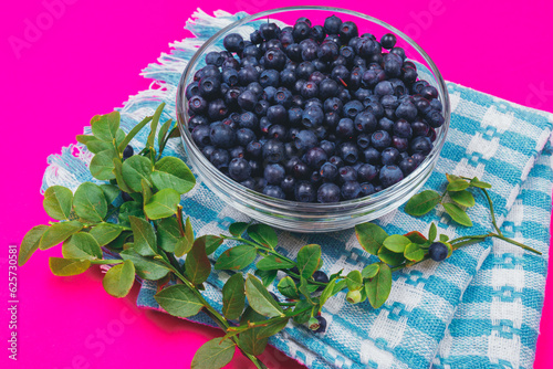 Glass bowl filled with ripe blueberries on a checkered napkin and beside it lie branches of blueberries with berries on a pink background.