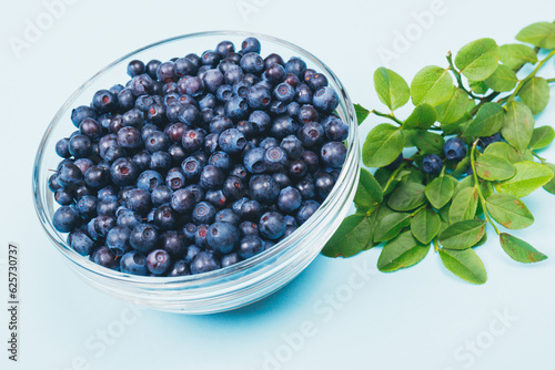 Glass bowl filled with ripe blueberries and a row of lying branches of blueberries with berries on a blue background.