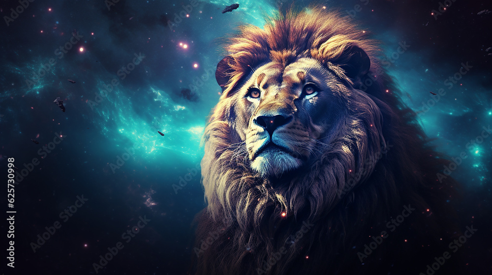 leão sábio a olhar, o seu rosto a confundir-se com a galáxia, rei leão