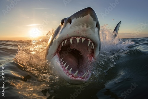Great white shark attack close up view. Big shark face with open jaws. Angry fish portrait. Generative AI sea wildlife