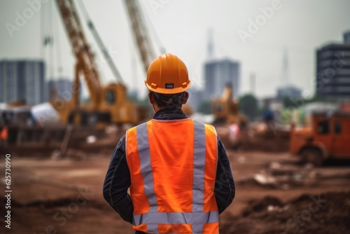Construction worker at work. Worker in orange vest and helmet stand his back. Generative AI industrial image