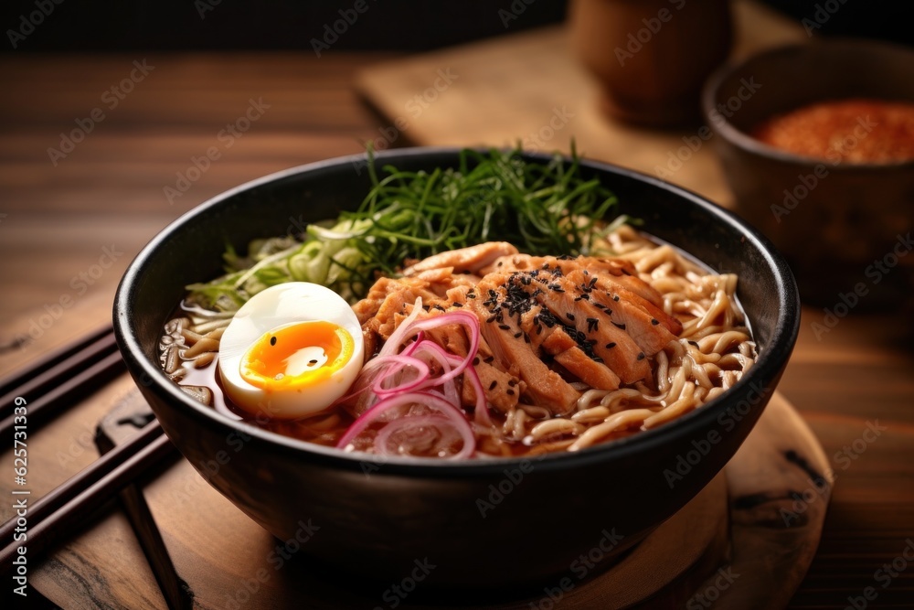Korean ramen dish on wood table. Asian traditional food. Noodle in bowl. Generative AI food Korean ramen dish on wood table. Asian traditional food. Noodle in bowl. Generative AI food