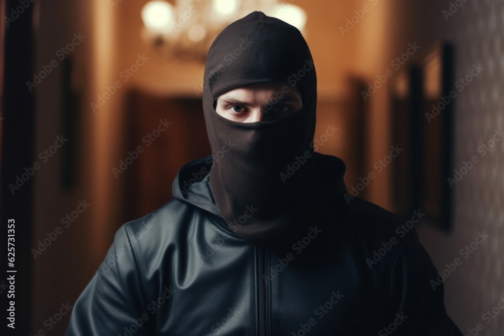 Bad person in black mask portrait. Bandit in house. Thief in balaclava mask look at camera. Robbery news banner. Generative AI criminal news Bad person in black mask portrait. Bandit in house. Thief in balaclava mask look at camera. Robbery news banner. Generative AI criminal news
