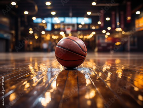 Basketball ball on the court floor. © VNCXART