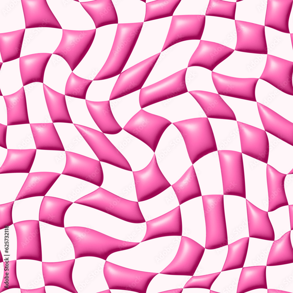 Obraz premium Vector Seamless Pattern with Distorted 3D Plastic Checker Texture. Pink Checkered Pattern in Trendy Pinkcore Style