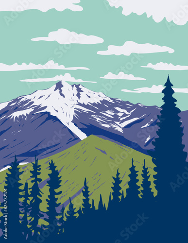 WPA poster art of Glacier Peak or Dakobed in Cascade Volcanic Arc within Glacier Peak Wilderness in North Cascade, Washington State, United States USA done in works project administration.