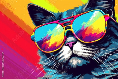 Adorable cat in sunglasses on vibrant pop art background, Generative AI