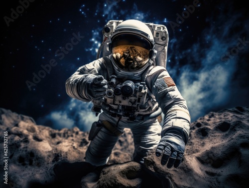 An astronaut in a space suit standing on a rock. Generative AI.