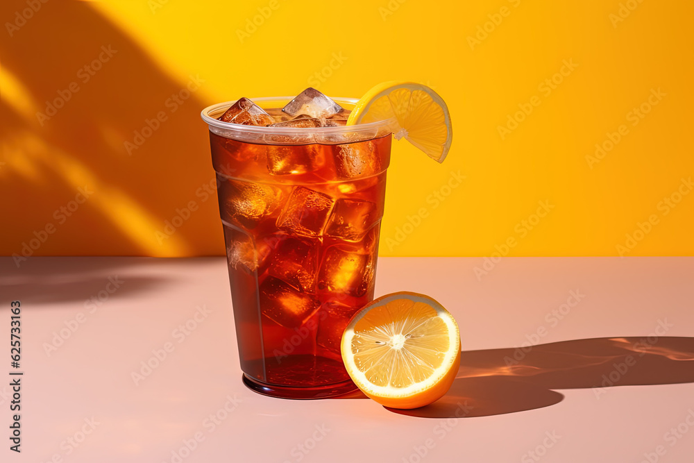 Iced lemon tea on plastic takeaway glass Iced lemon tea on plastic takeaway glass