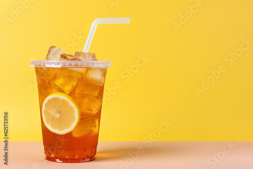 Iced lemon tea on plastic takeaway glass