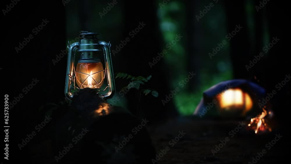 A dark and silent night, a lamp on a tree and a brightly shining lantern in a tent and a blazing bonfire flame and comfortable nature, camping in the forest and wood fire and campfire at the campsite
