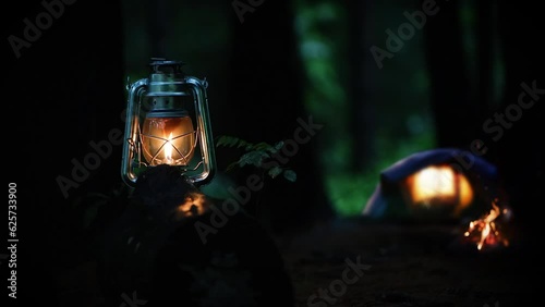 A dark and silent night, a lamp on a tree and a brightly shining lantern in a tent and a blazing bonfire flame and comfortable nature, camping in the forest and wood fire and campfire at the campsite
