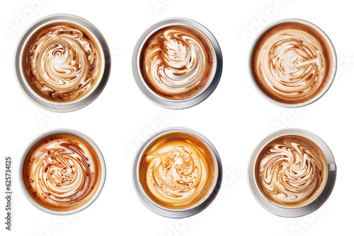 Top view of hot coffee cappuccino latte with foam collection isolated on transparent background