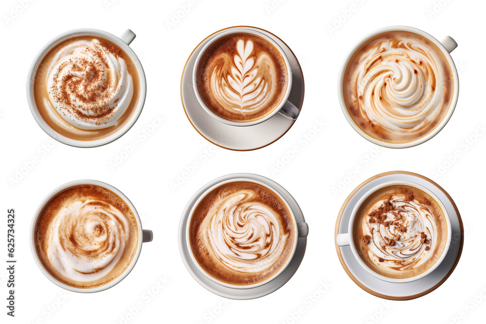 Top view of hot coffee cappuccino latte with foam collection isolated on transparent background Top view of hot coffee cappuccino latte with foam collection isolated on transparent background