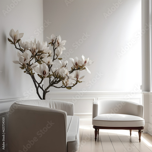 indoor room with black walls and a white magnolia, made with AI generative technology  © Amanda