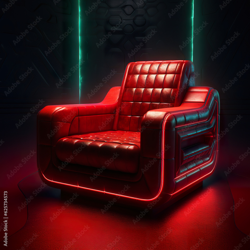 Red retro gaming chair in cyberpunk style. Very comfortable futuristic