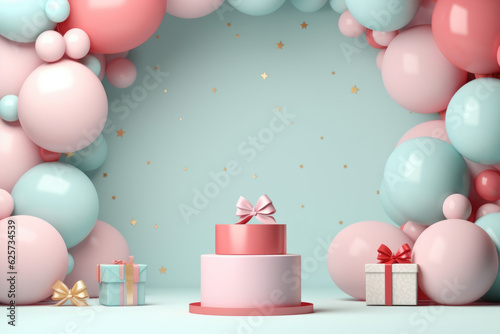 Composition with balloons and gift boxes. Space for text.