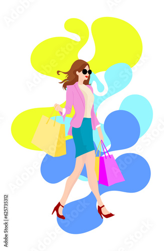 vector illustration woman shopping, bag, template, shopping