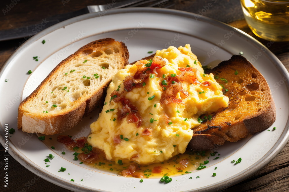 scrambled eggs with bacon and buttered toast