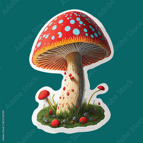 Cartoon colorful mushrooms sticker on gray background generative Ai