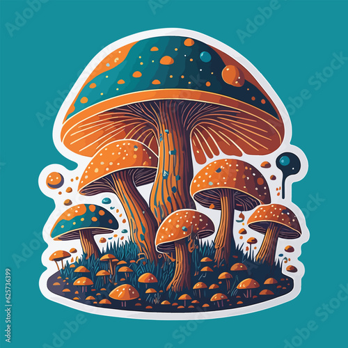 Cartoon colorful mushrooms sticker on gray background generative Ai