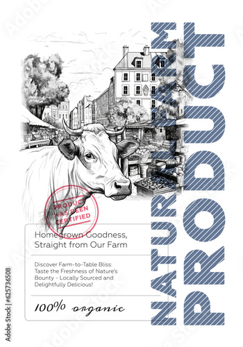 Natural farm product poster. Vintage sketch cow head on village market background. Beef or dairy shop retro print. Butchery or milk label creative typography template. Engraving bull drawing artwork