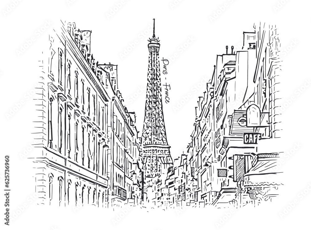 Paris city with Eiffel tower seen from street side. Hand drawn vector sketch
