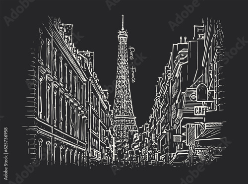 Paris city with Eiffel tower seen from street side. Hand drawn vector sketch on black background