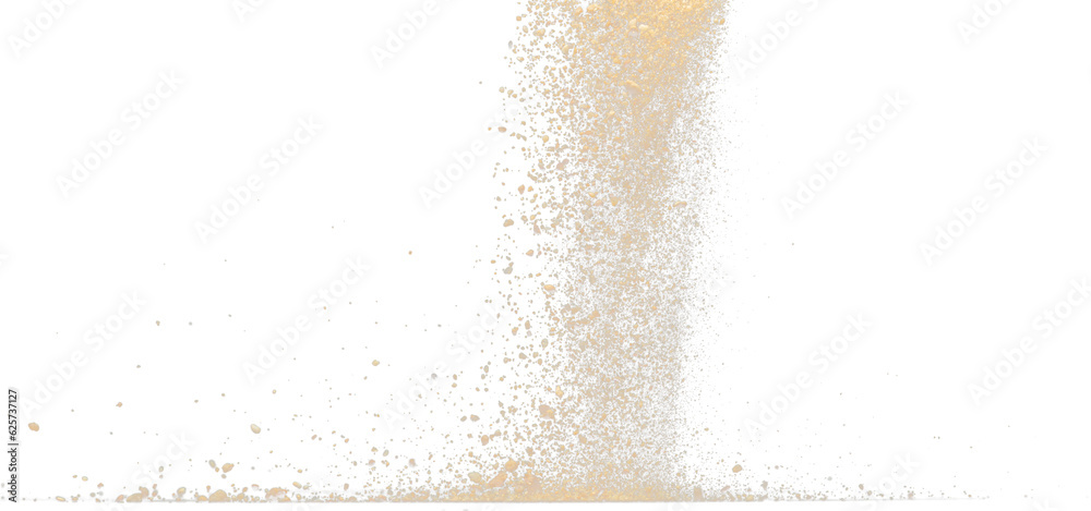 Big size Sand flying explosion, Golden grain wave explode. Abstract cloud fly. Yellow colored sand splash throwing in Air. Black background Isolated selective focus blur