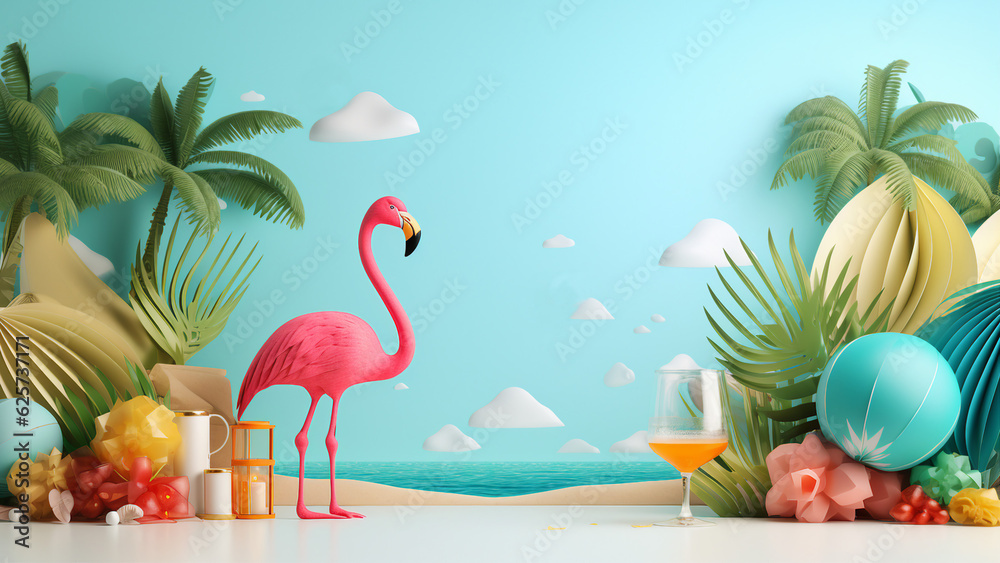 beach with palm trees and Flamingo. generative ai 