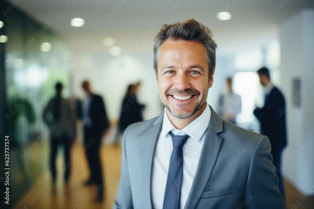 portrait of a handsome smiling white european american businessman boss in a suit standing in his modern business company office. his workers standing in the blurry background. Generative AI portrait of a handsome smiling white european american businessman boss in a suit standing in his modern business company office. his workers standing in the blurry background. Generative AI