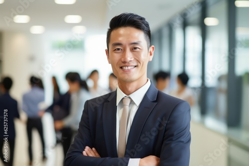 portrait of a handsome smiling asian businessman boss in a suit standing in his modern business company office. his workers standing in the blurry background. Generative AI
