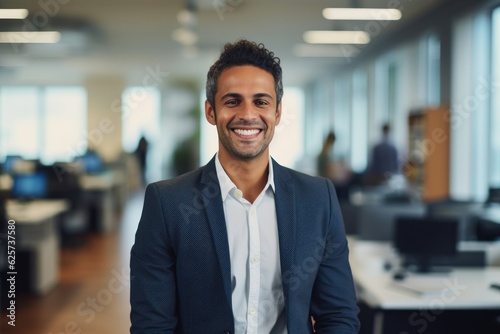 portrait of a handsome smiling asian indian businessman boss in a suit standing in his modern business company office. his workers standing in the blurry background. Generative AI