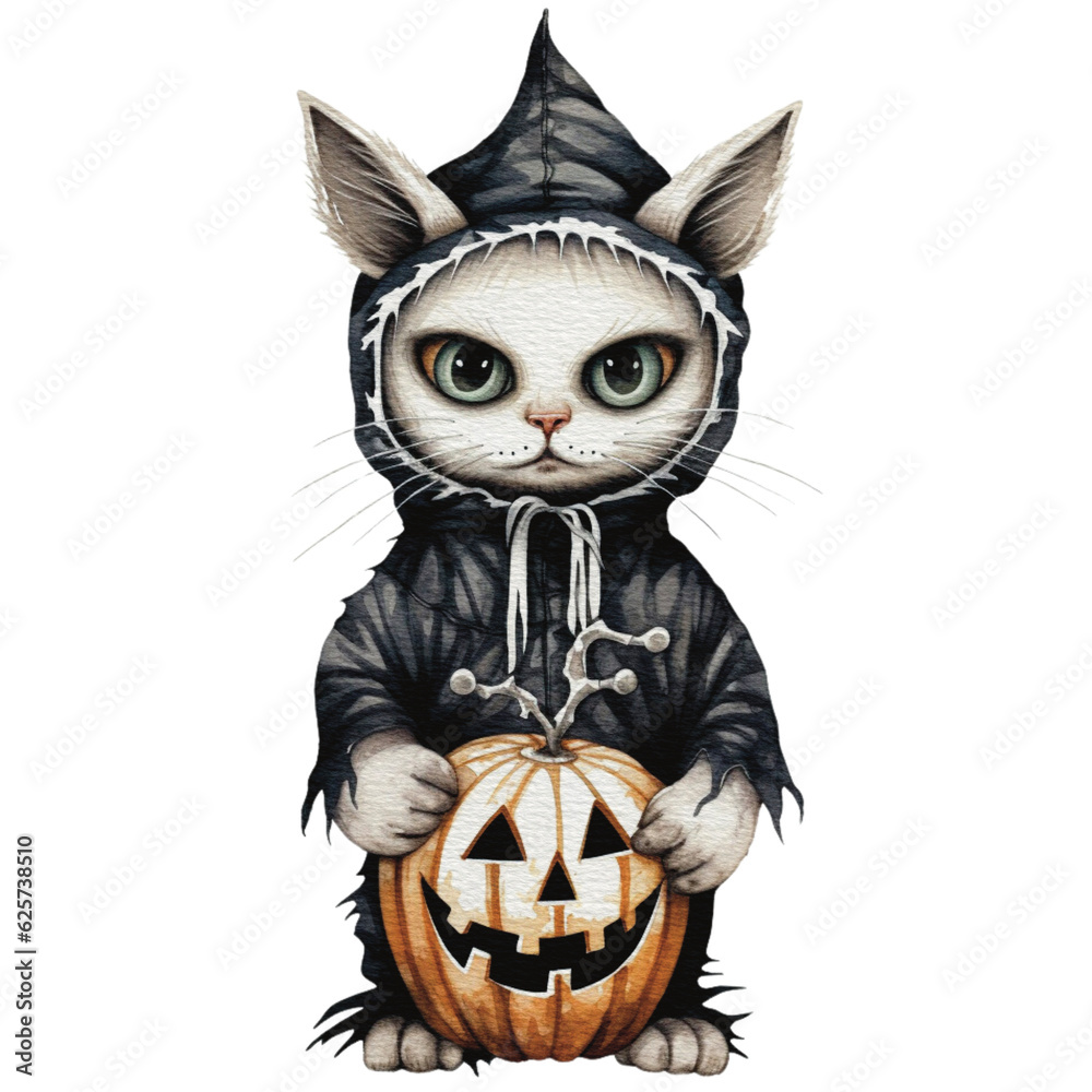 Watercolor halloween cat in witch costume with pumpkin png, AI generative