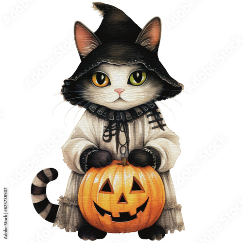 watercolor black cat with hat and pumpkin. black halloween cat illustration