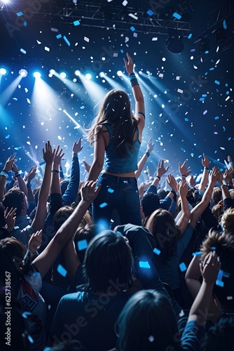 cheering girl and crowd at an event like live, rock concert, party, festival night club crowd cheering, stage lights and confetti falling. Cheering crowd. Blue lights. Generative AI